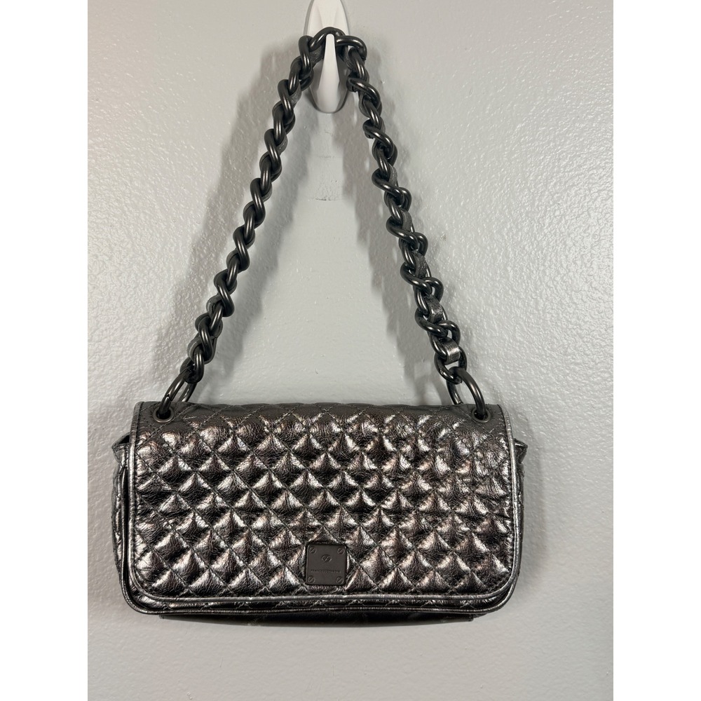 FRANCESCO‎ BIASIA Quilted Metallic Silver Shoulder Bag Chunky Chain Strap